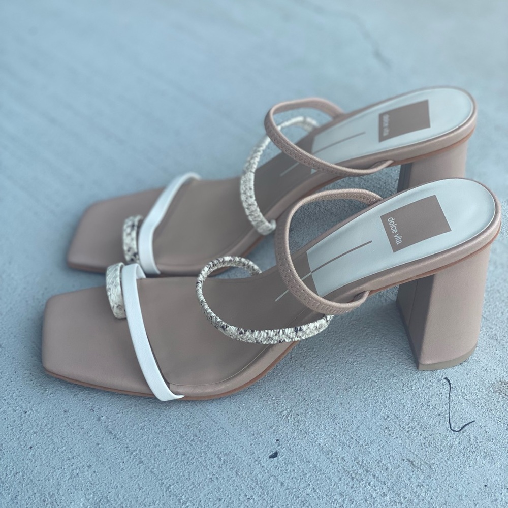 Dolce vita tan and white strappy heels
